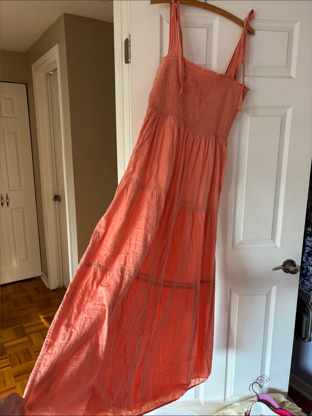 Smocked Coral Maxi Sundress with Tie Straps